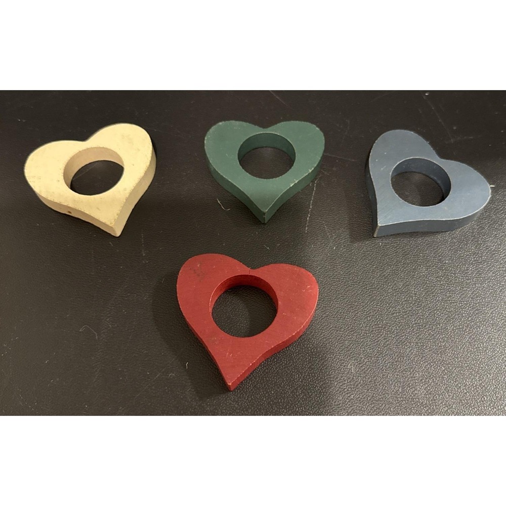 Vintage Wooden Hearts White Red Green Blue Napkin Ring Holders Set Of 4 Love